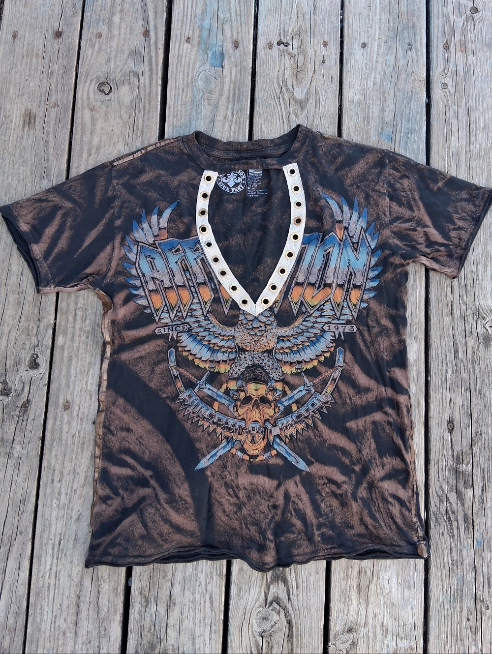 Affliction Black and Rust Brown Graphic T-Shirt